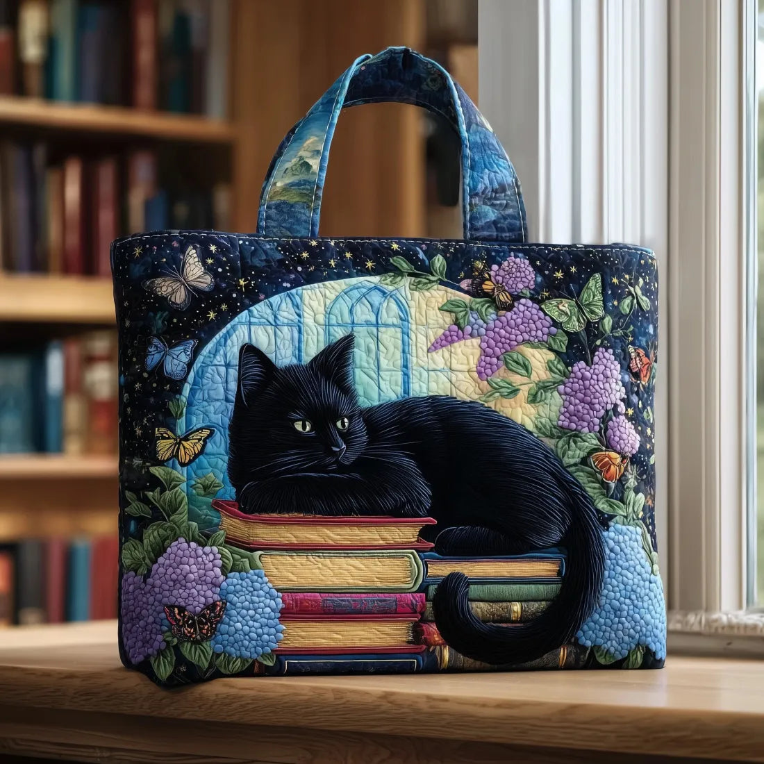 サック・アルティザナル - 黒猫と本のトートバッグ