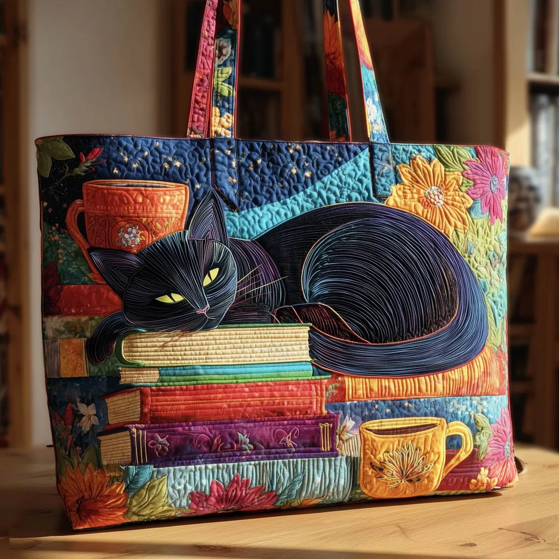 サック・アルティザナル - 黒猫と本とカップのトートバッグ